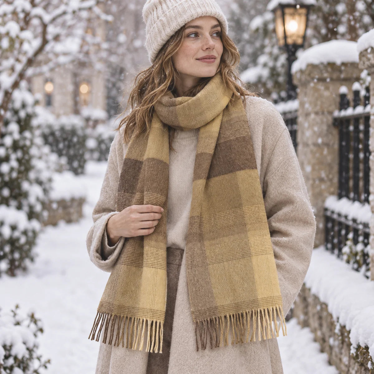 Woman wearing mustard checked wool scarf with beige winter hat