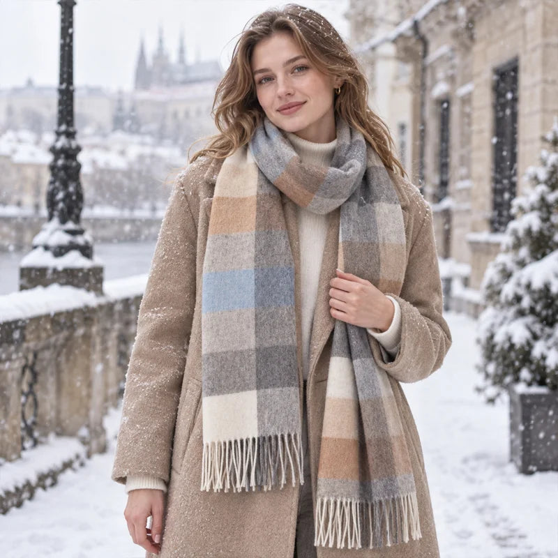 Woman wearing muted block check wool scarf beside snowy railing