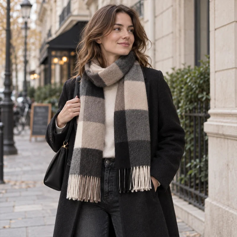 Woman wearing neutral block check wool scarf outdoors