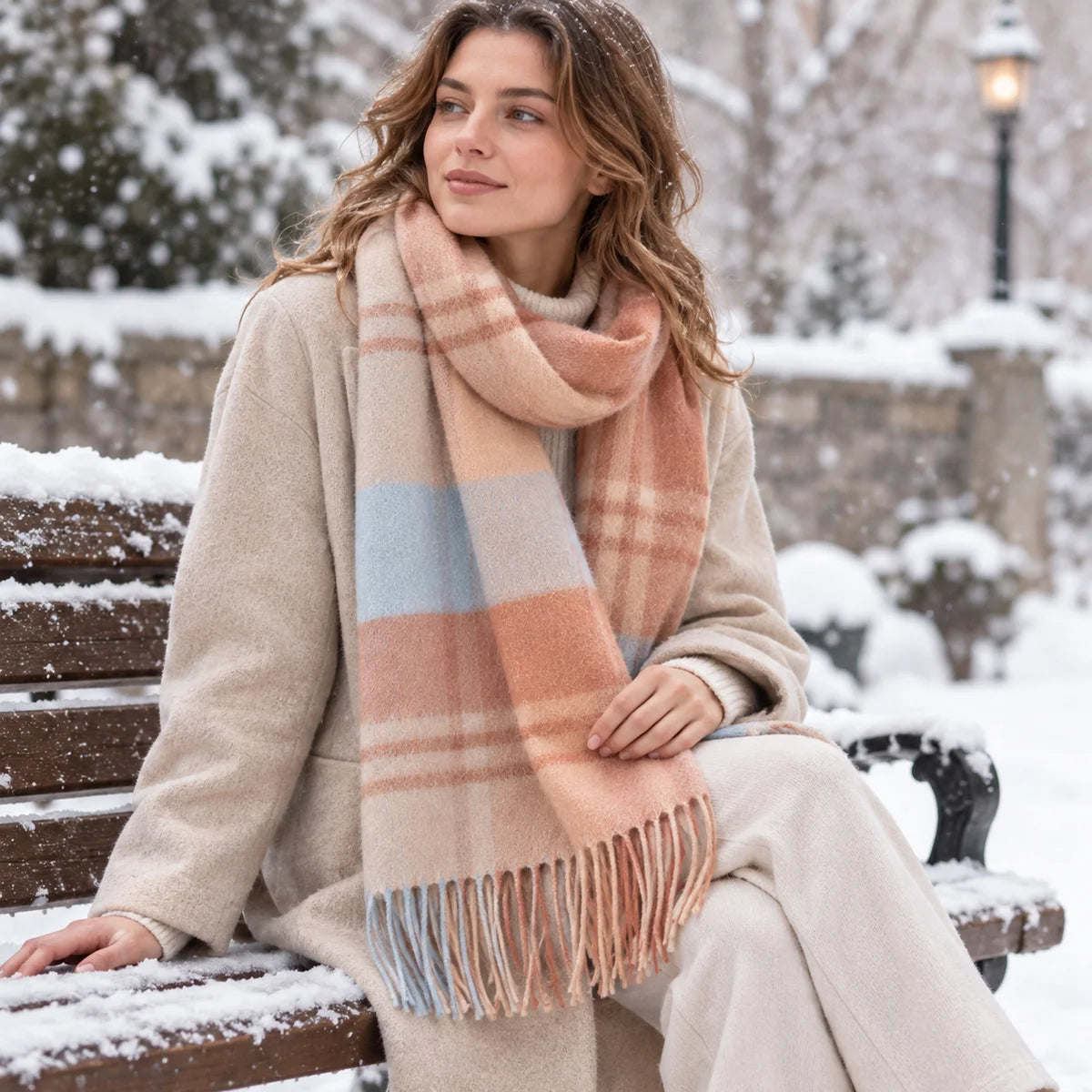 Woman wearing peach blue plaid wool scarf on snowy bench