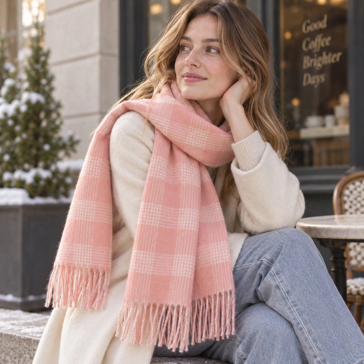 Woman wearing pink checked wool scarf outside a street cafe