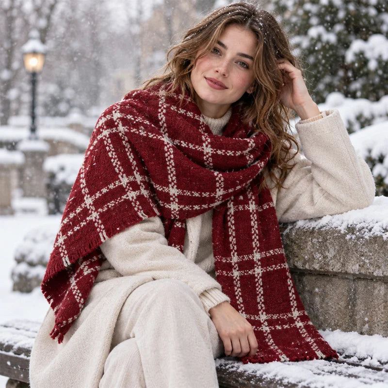 Woman wearing red checked wool scarf over cream winter outfit