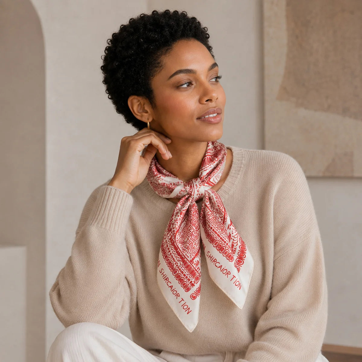 Woman wearing red elephant Silk Square Scarf necktie