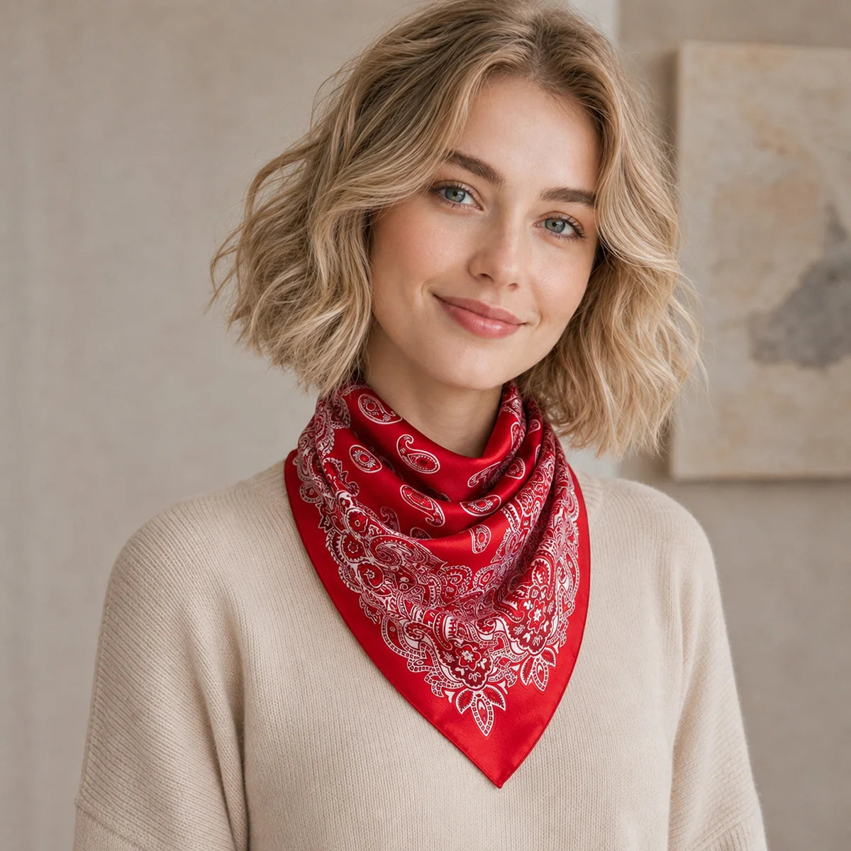 Woman wearing red paisley silk scarf drape