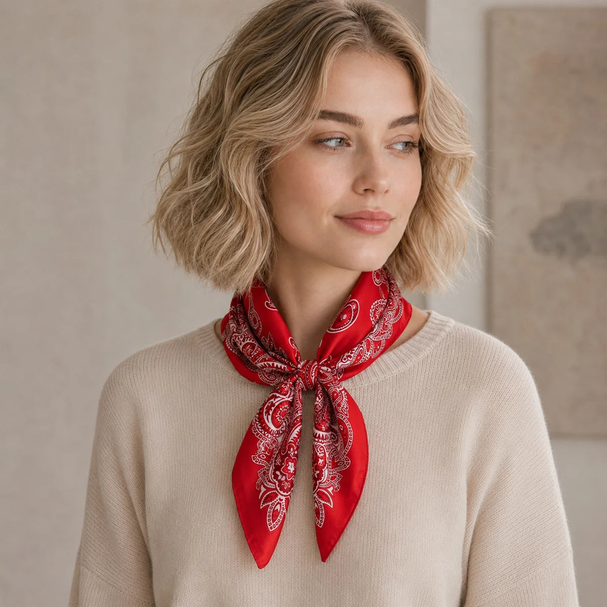Woman wearing red paisley silk scarf knot