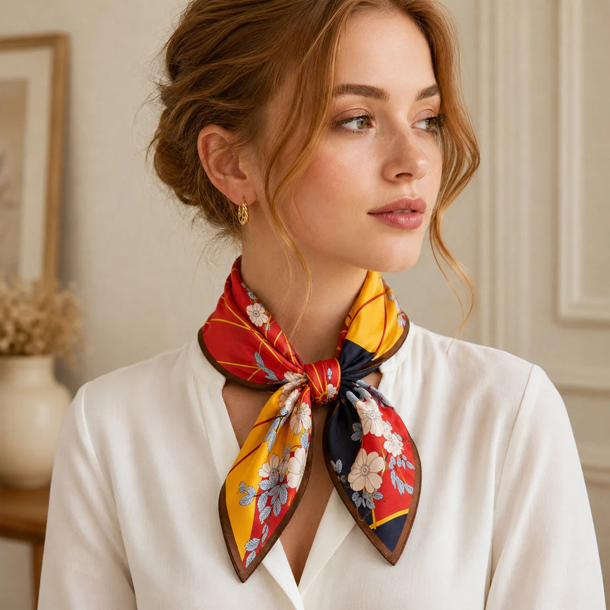 Woman wearing silk scarf neck tie
