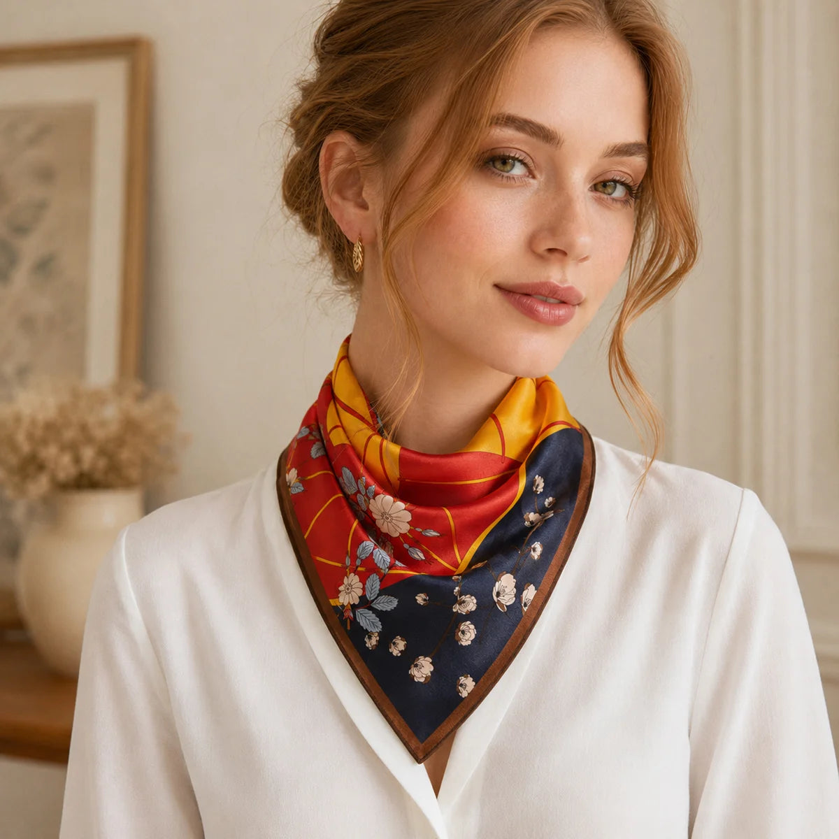 Woman wearing silk scarf triangle drape