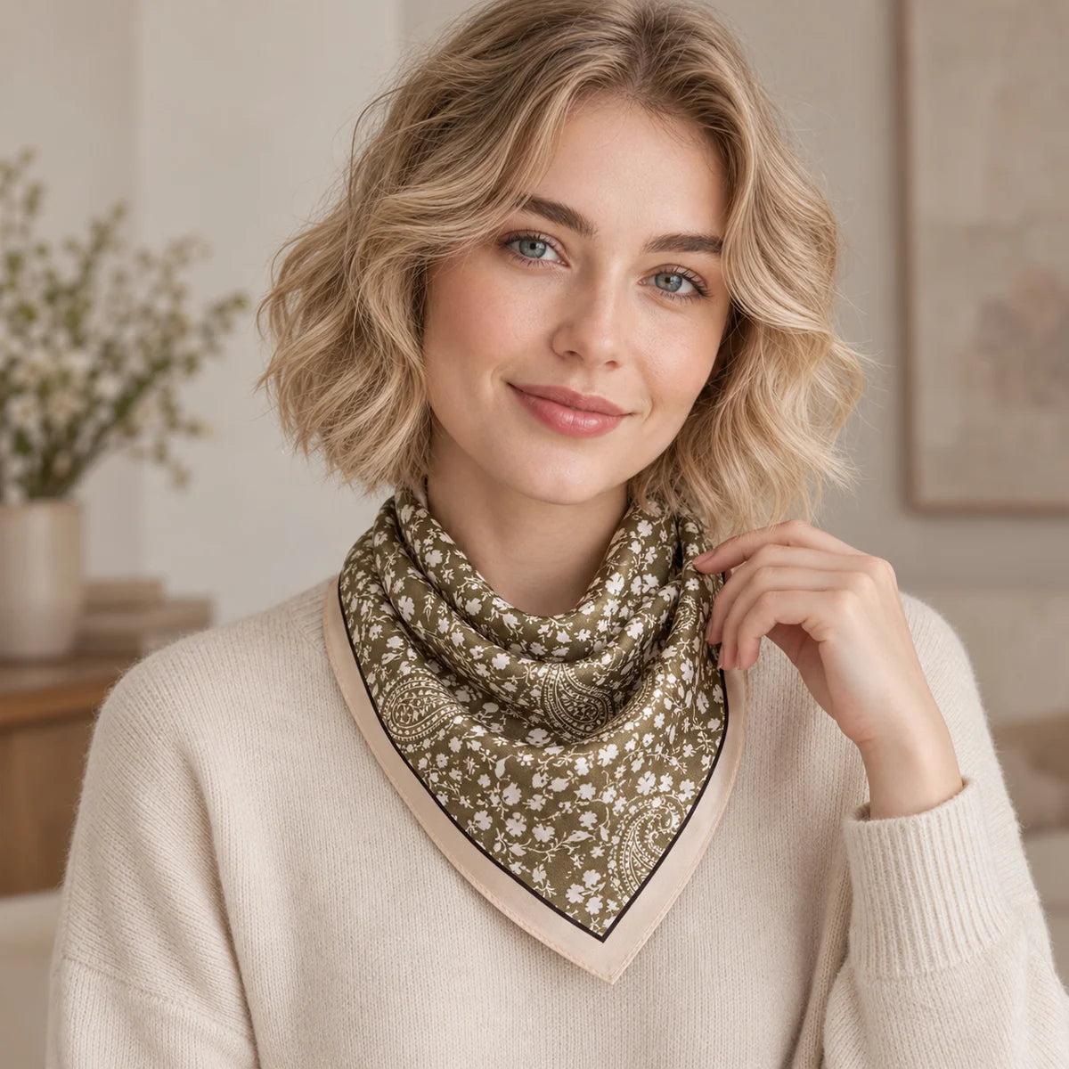 Woman wearing tea green paisley Silk Square Scarf