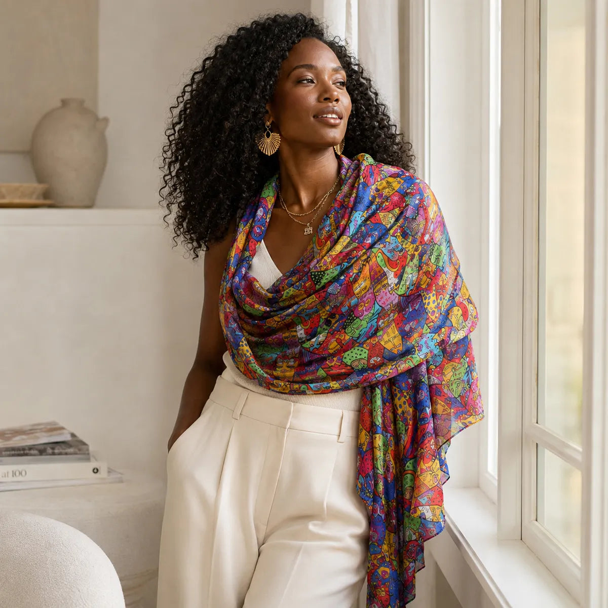 Woman wearing the colorful cat scarf