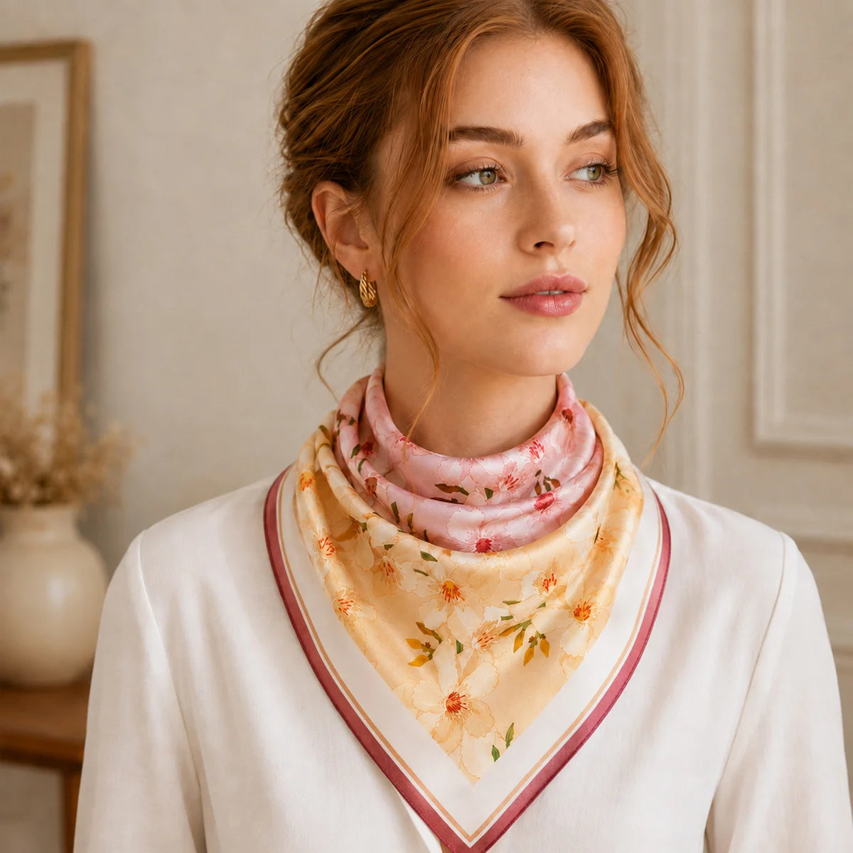 Woman wearing two-tone peach blossom Silk Square Scarf