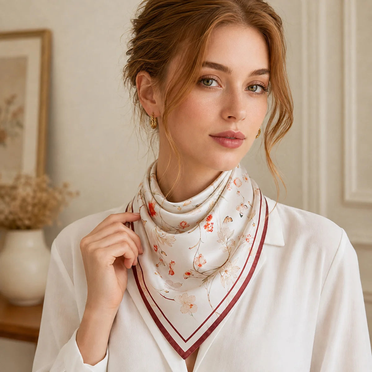 Woman wearing wildflower Silk Square Scarf bandana style