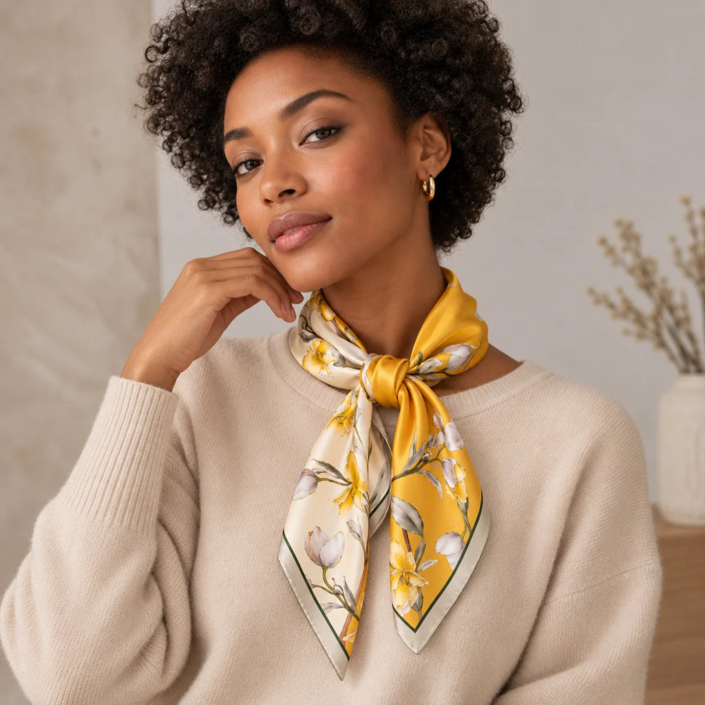 Woman wearing yellow blossom Silk Square Scarf