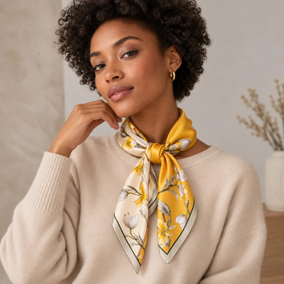 Woman wearing yellow blossom Silk Square Scarf