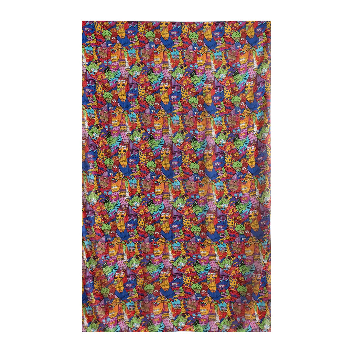 Yellow and blue cat-print silk scarf laid flat