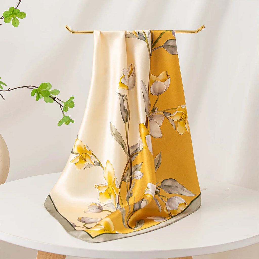Yellow blossom Silk Square Scarf hanging display