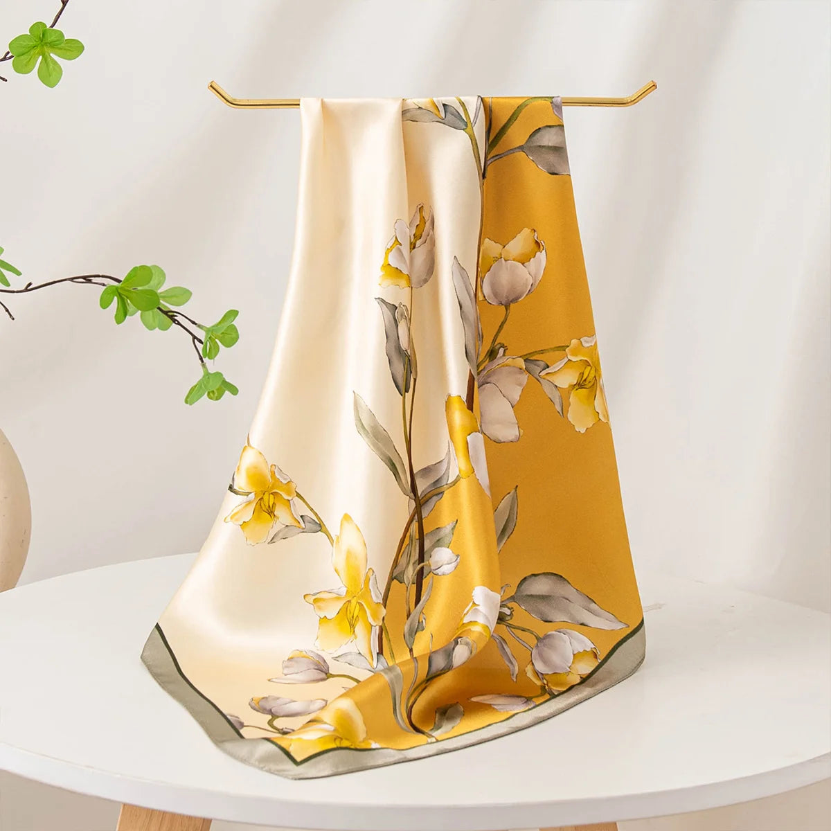 Yellow blossom Silk Square Scarf hanging display