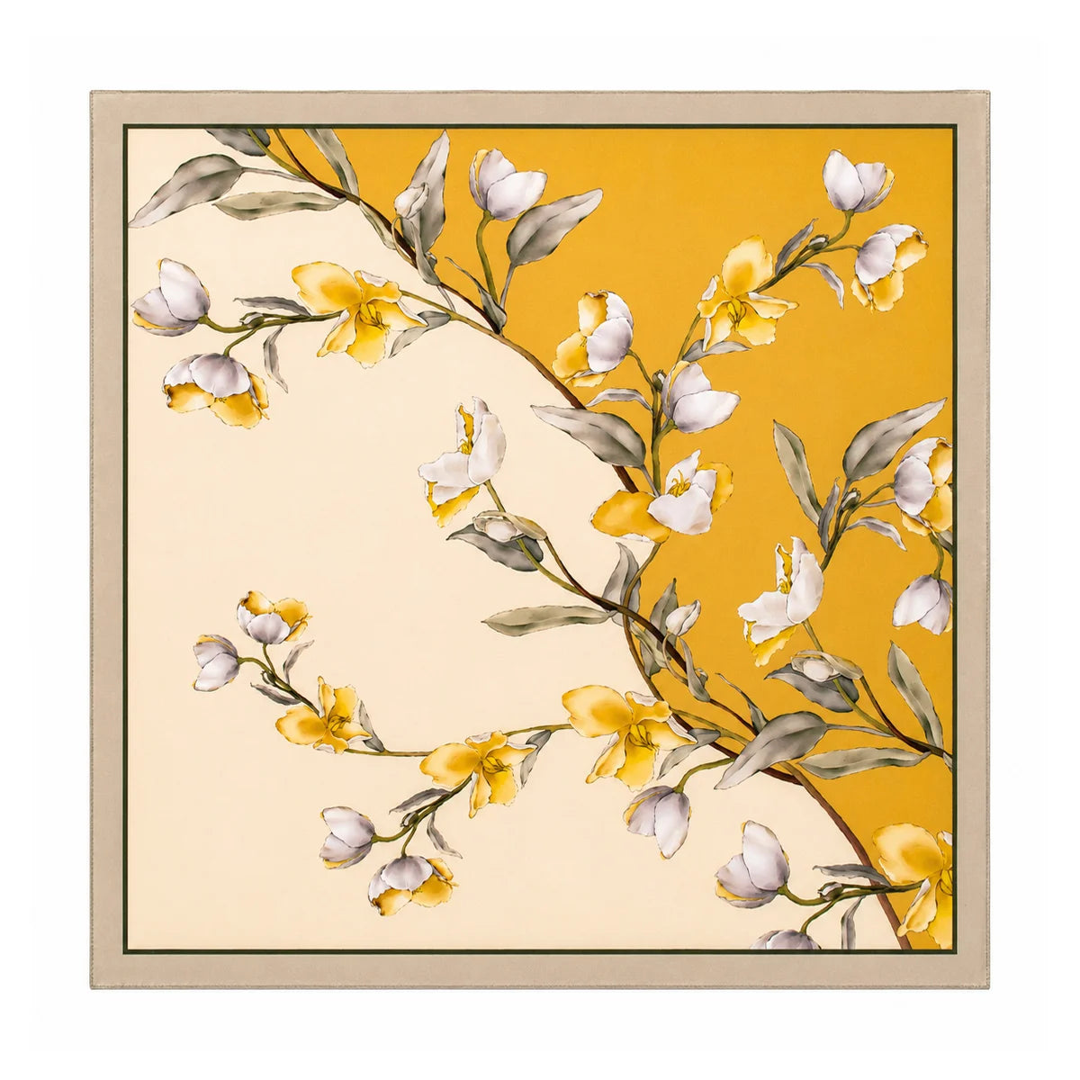 Yellow blossom branch print Silk Square Scarf flat lay