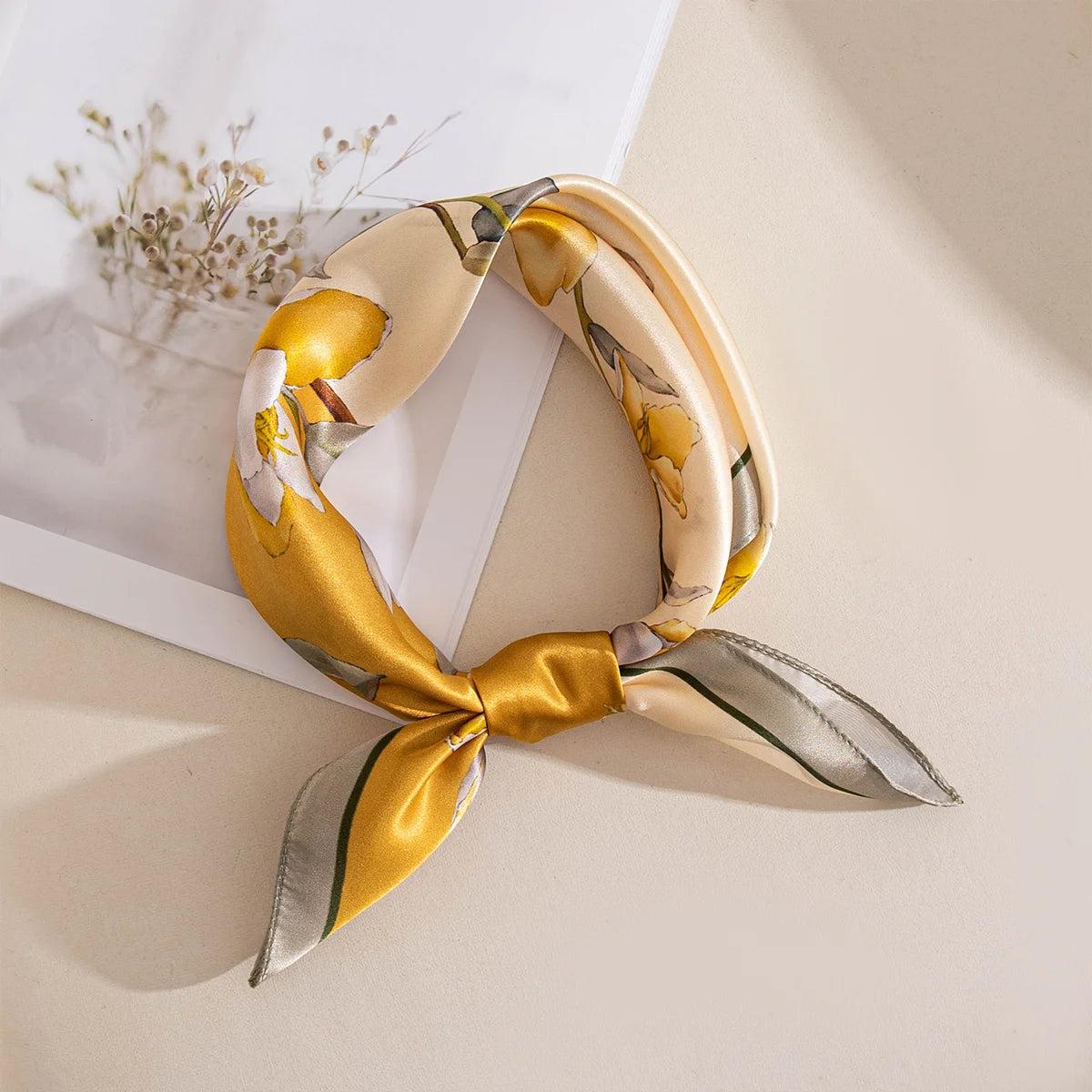 Yellow floral Silk Square Scarf tied in knot