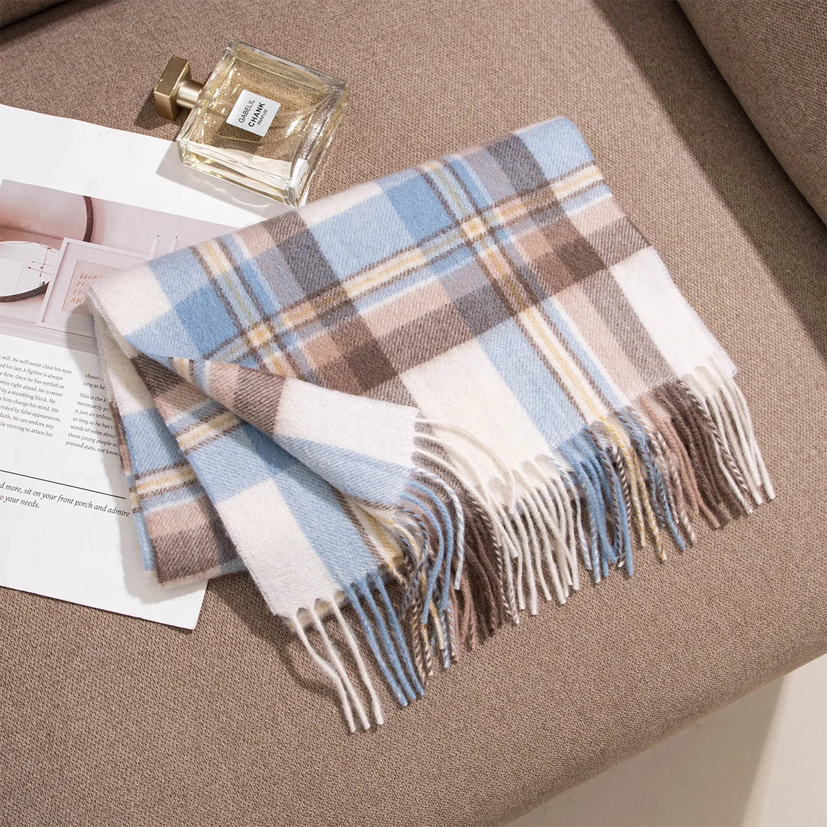 Blue and Brown Plaid Cashmere Scarf