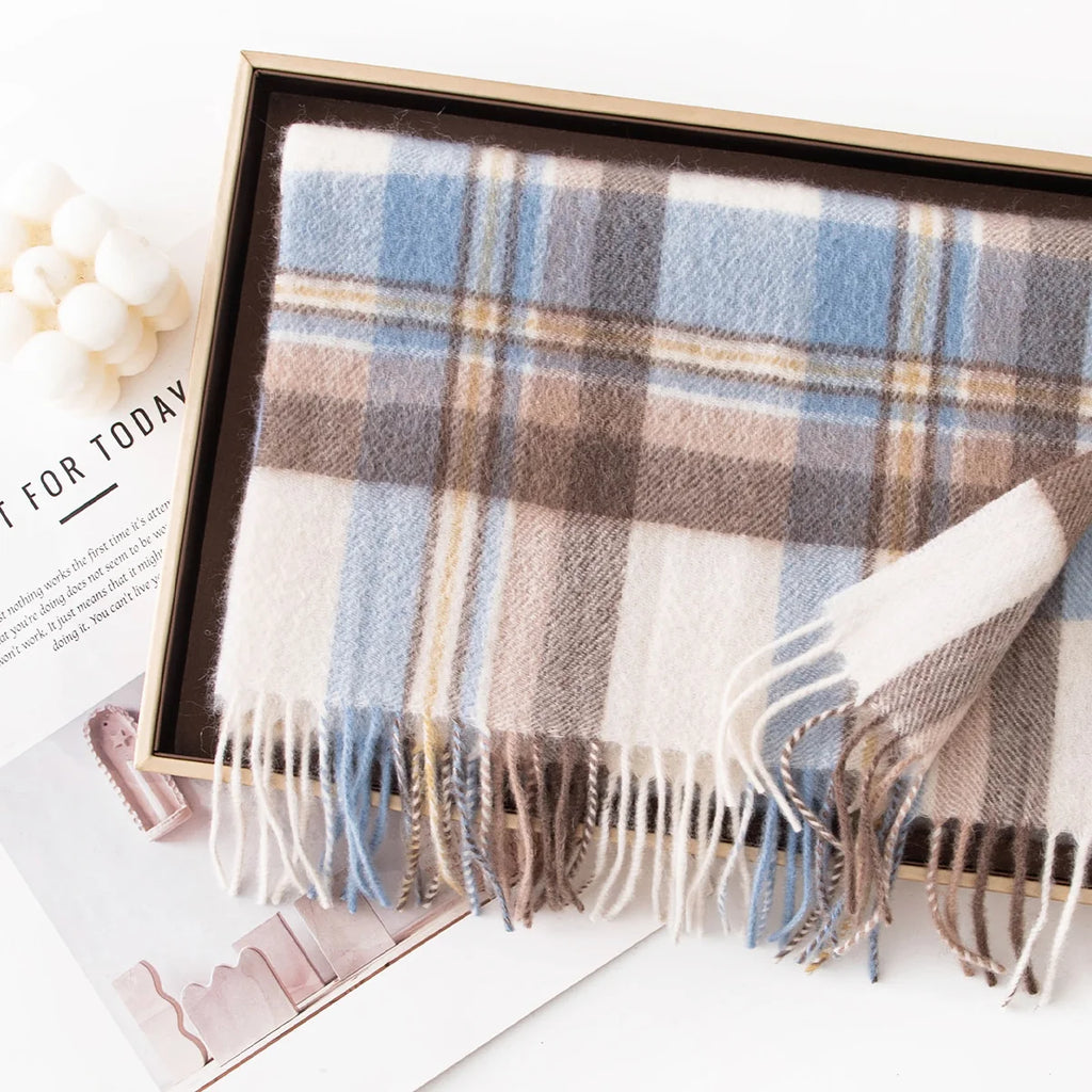 Blue and Brown Plaid Cashmere Scarf