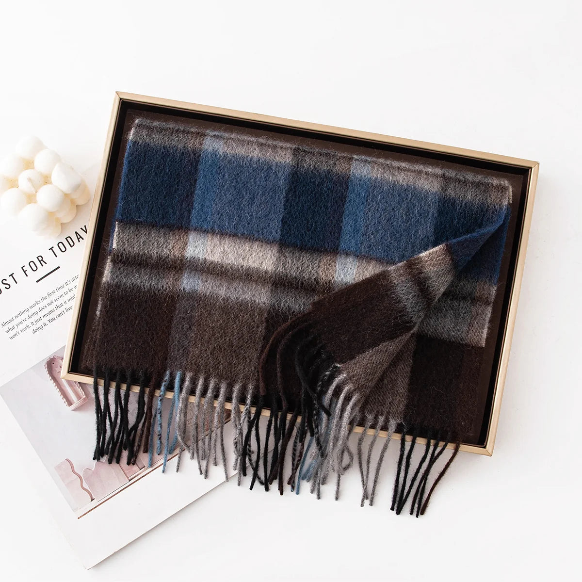 Blue Brown Plaid Cashmere Scarf