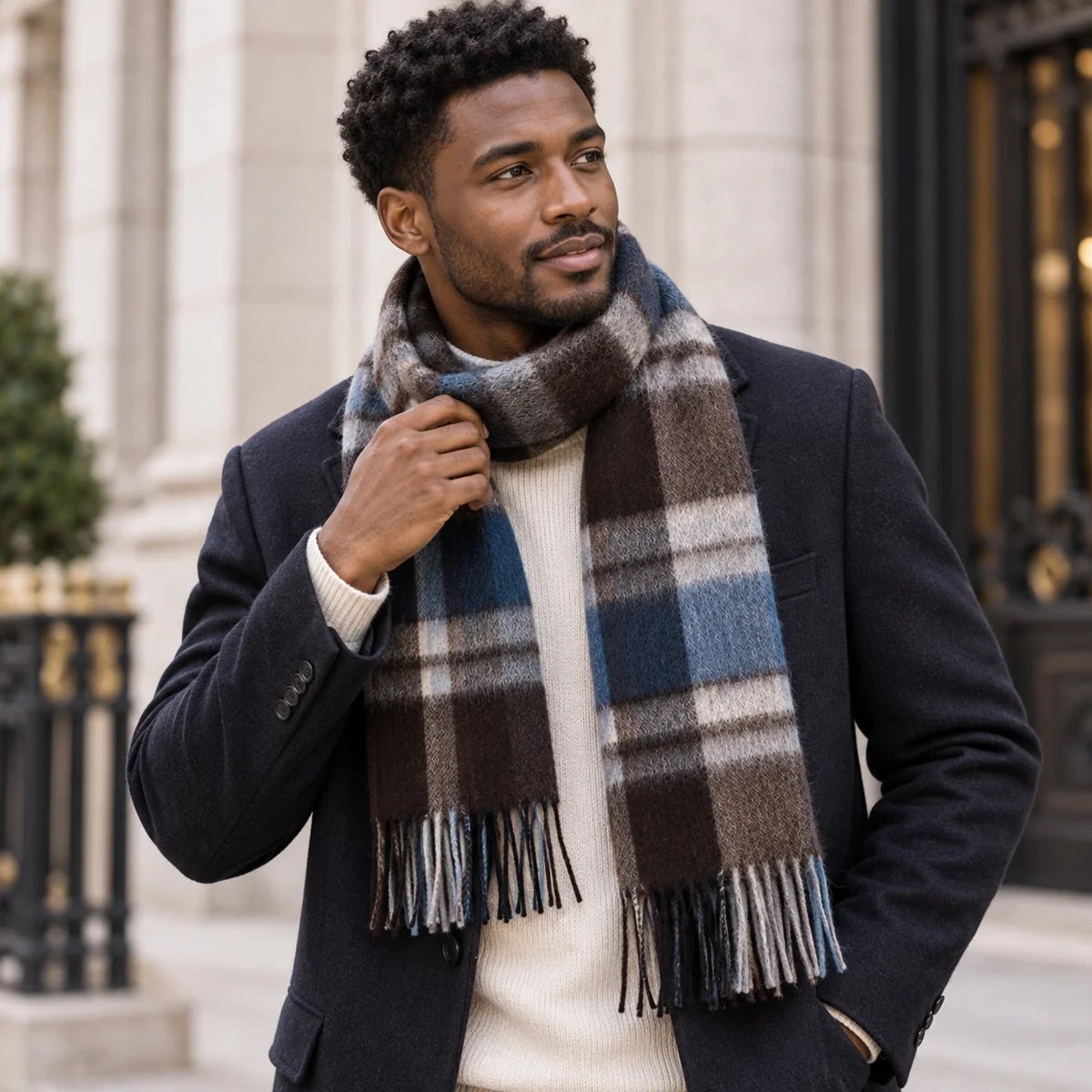 Blue Brown Plaid Cashmere Scarf