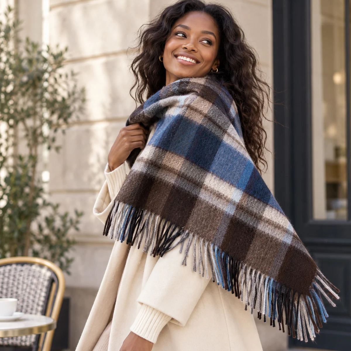 Blue Brown Plaid Cashmere Scarf