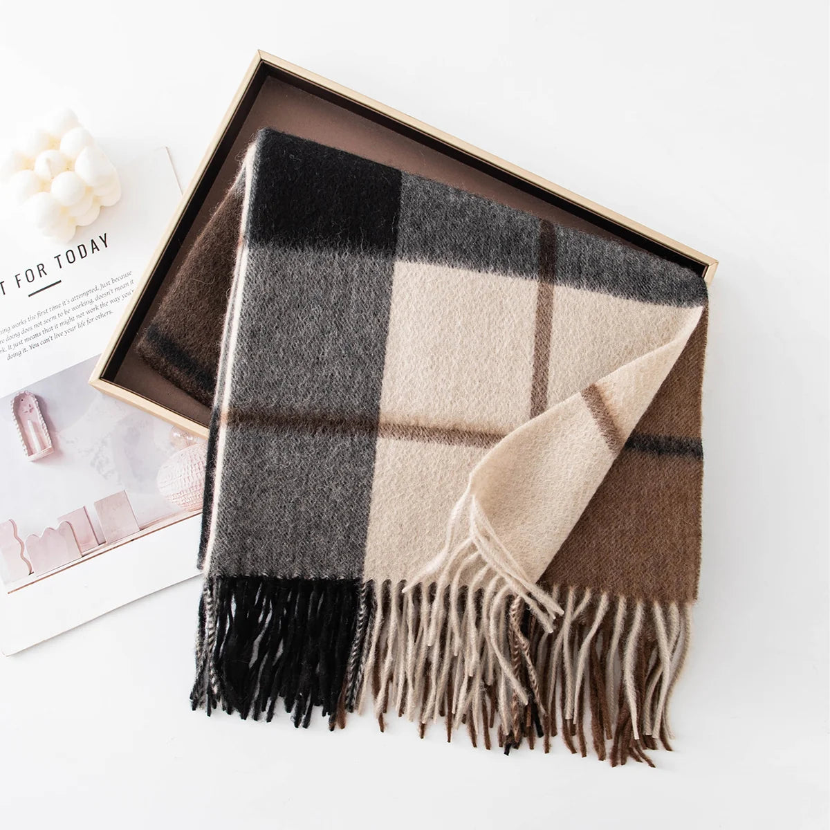 Brown Charcoal Check Cashmere Scarf
