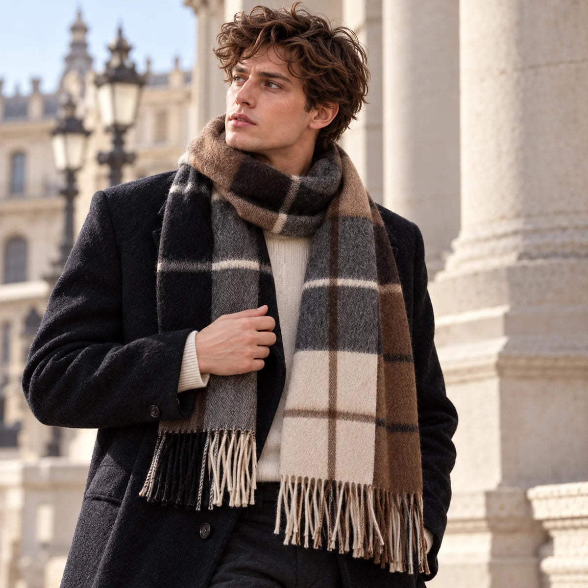 Brown Charcoal Check Cashmere Scarf