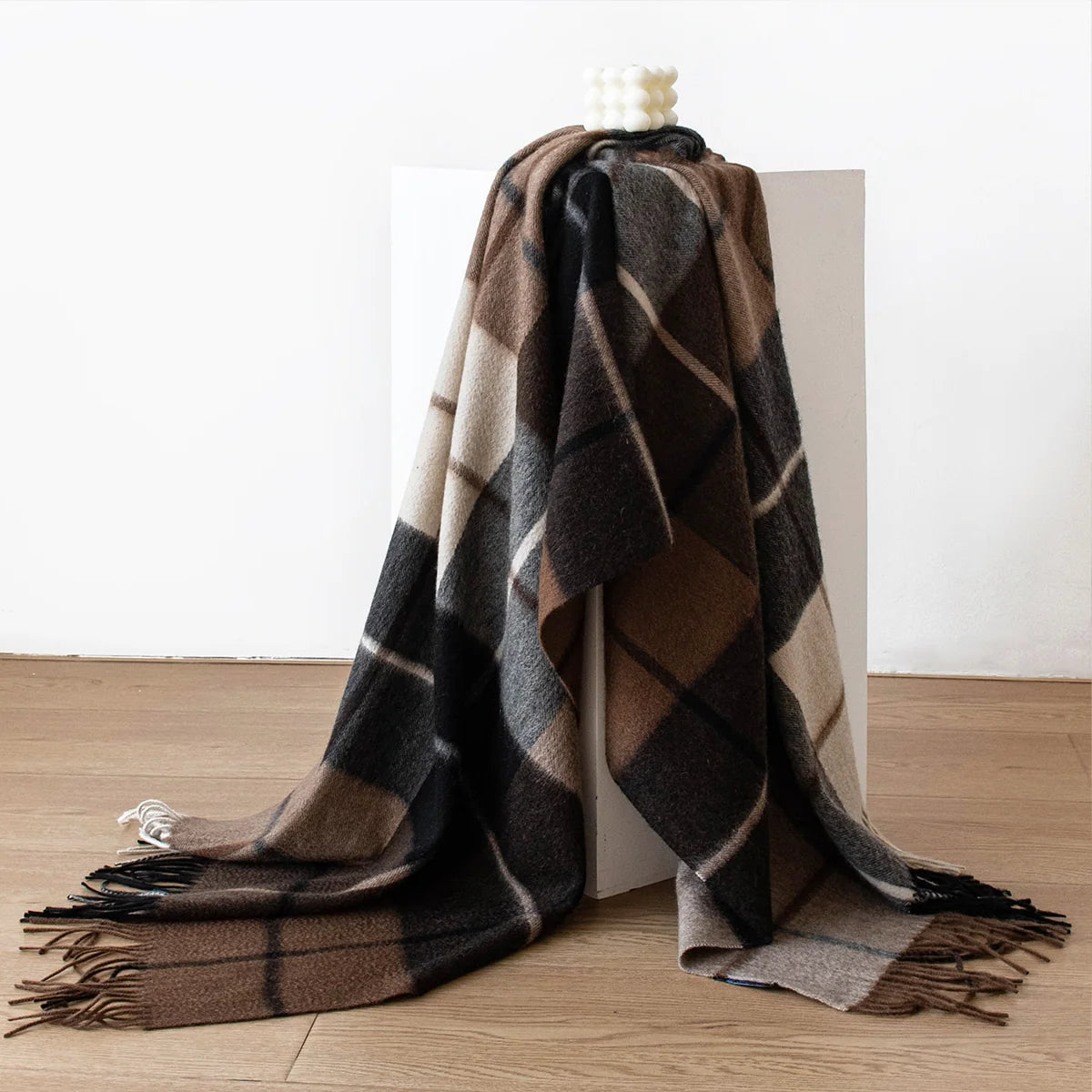 Brown Charcoal Check Cashmere Scarf