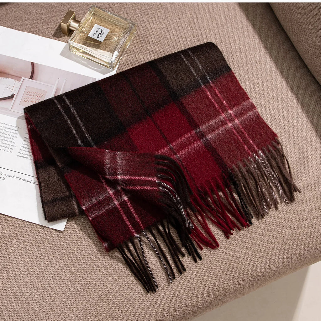 Burgundy Brown Plaid Cashmere Scarf