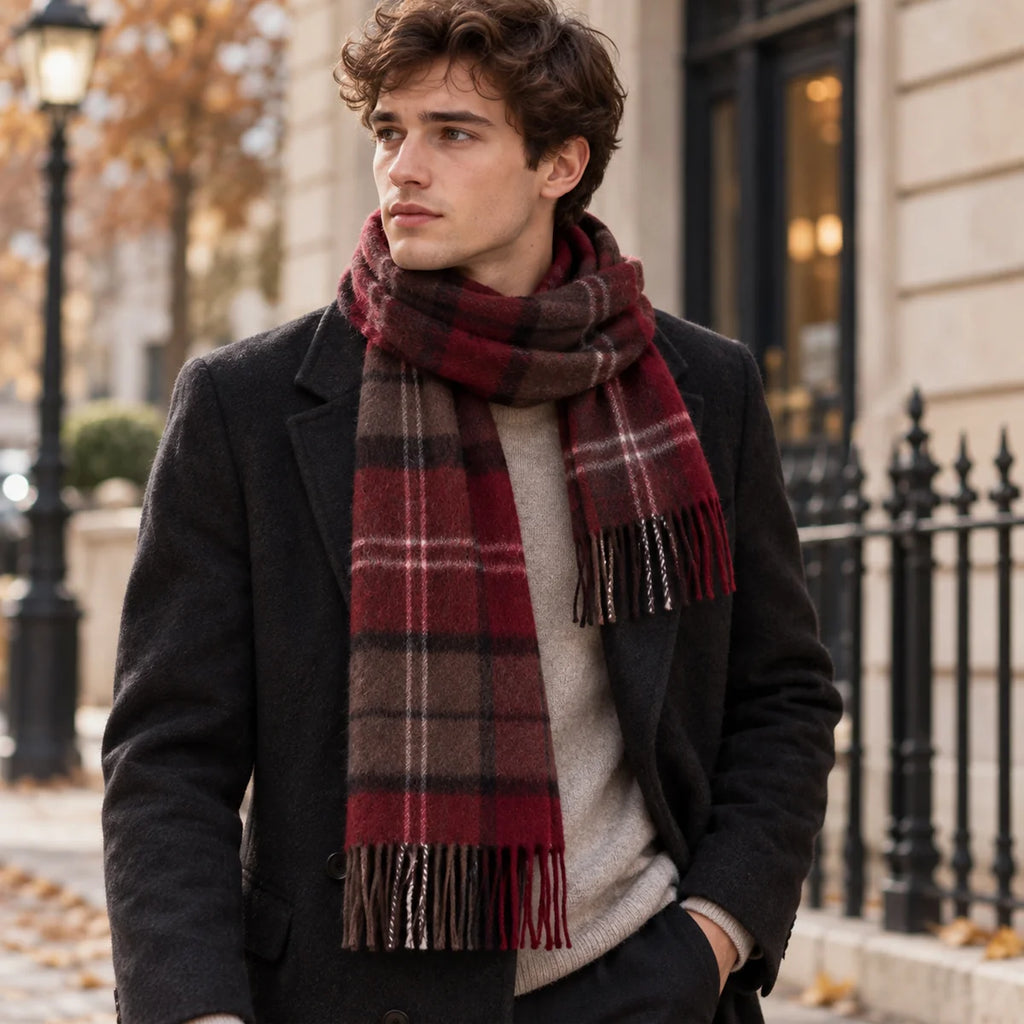 Burgundy Brown Plaid Cashmere Scarf