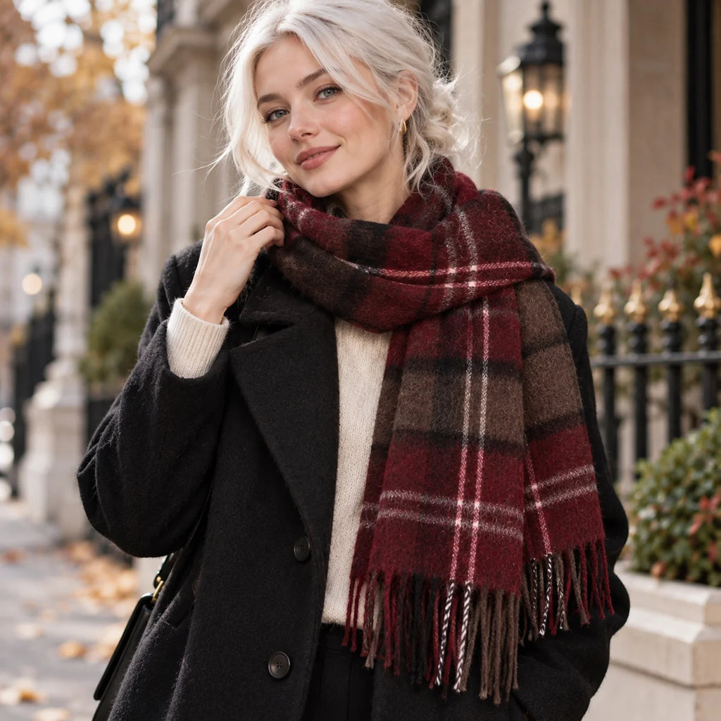 Burgundy Brown Plaid Cashmere Scarf