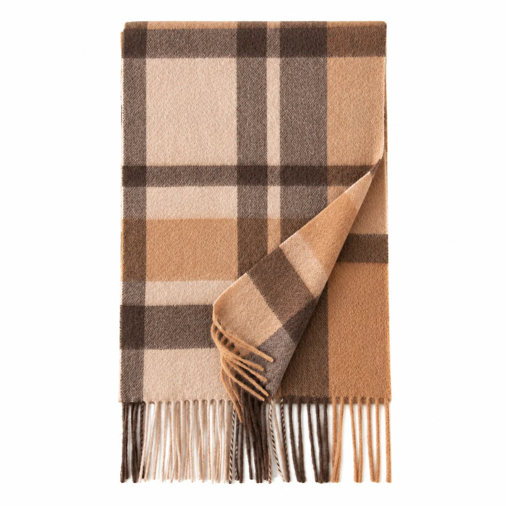 Camel Brown Plaid Cashmere Scarf