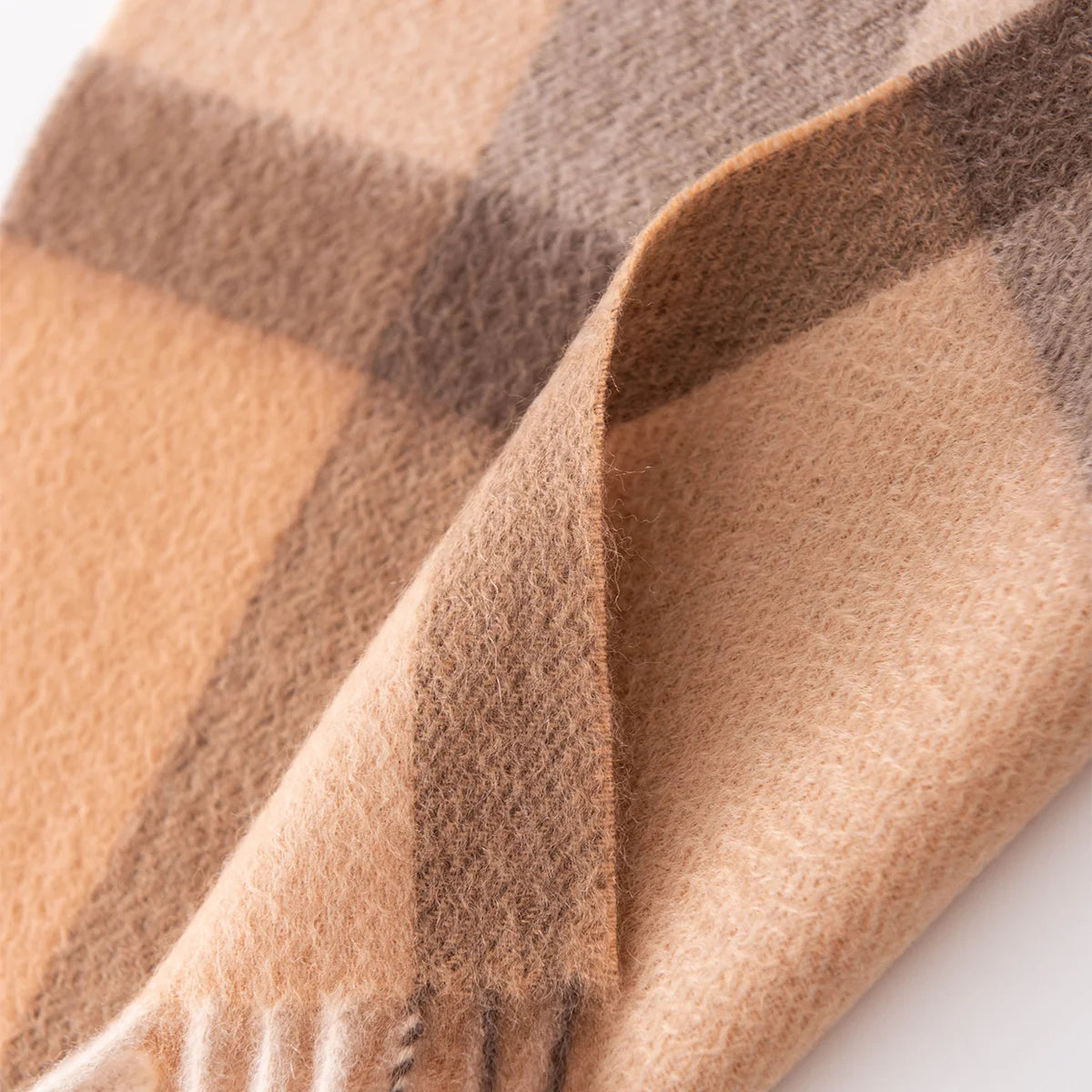Camel Brown Plaid Cashmere Scarf