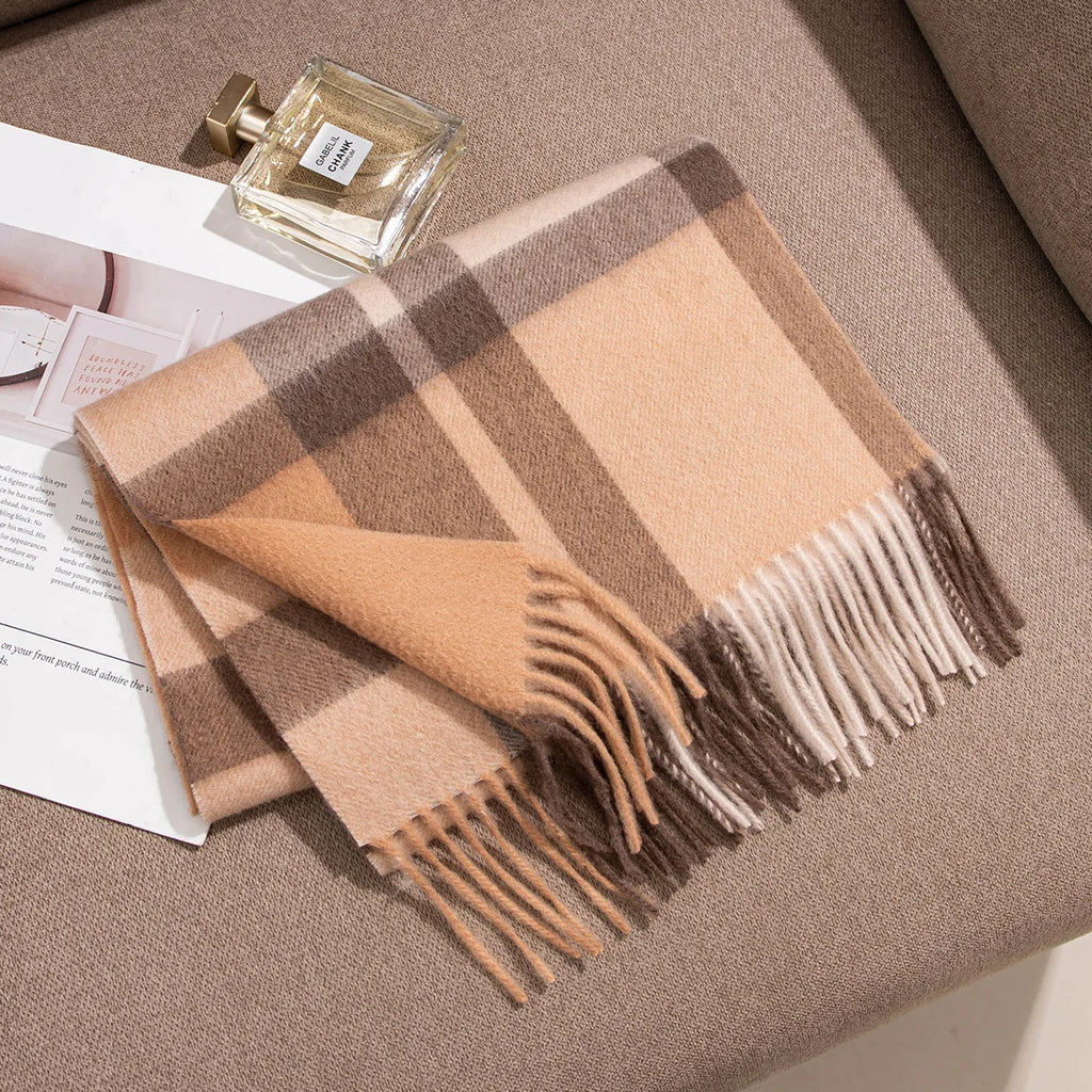 Camel Brown Plaid Cashmere Scarf