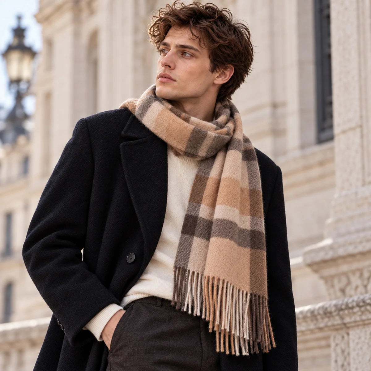 Camel Brown Plaid Cashmere Scarf