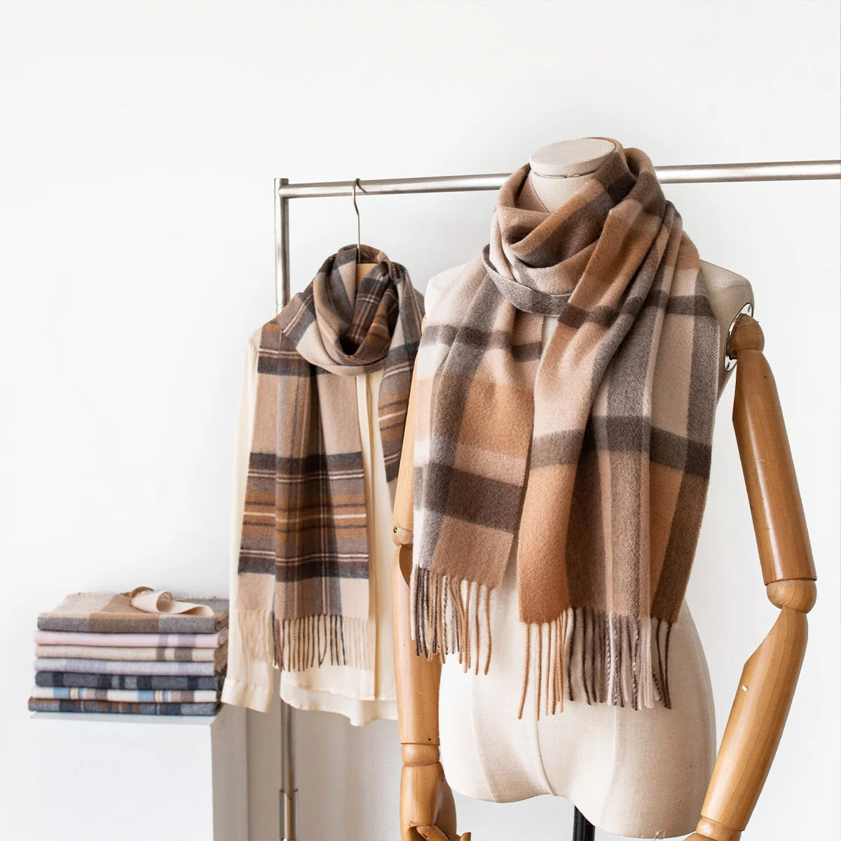 Camel Brown Plaid Cashmere Scarf