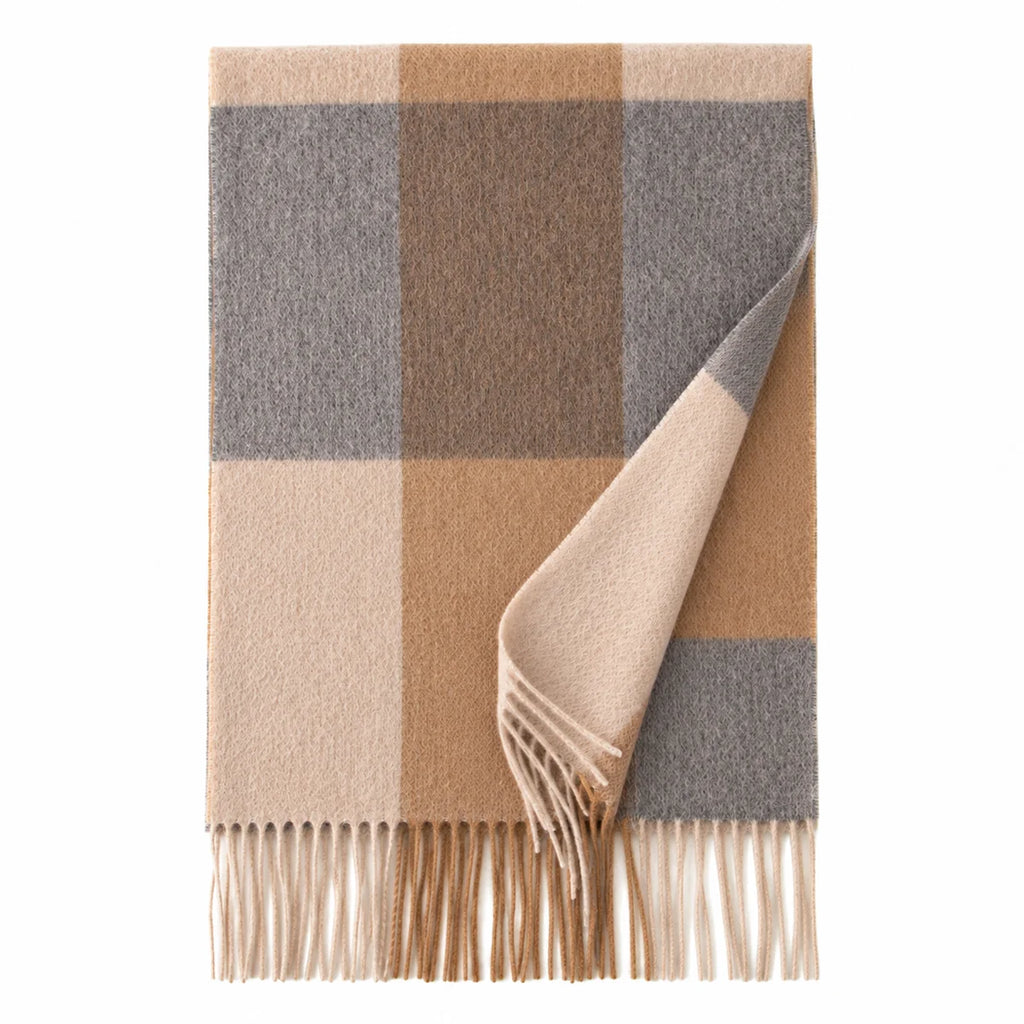 Camel Gray Check Cashmere Scarf