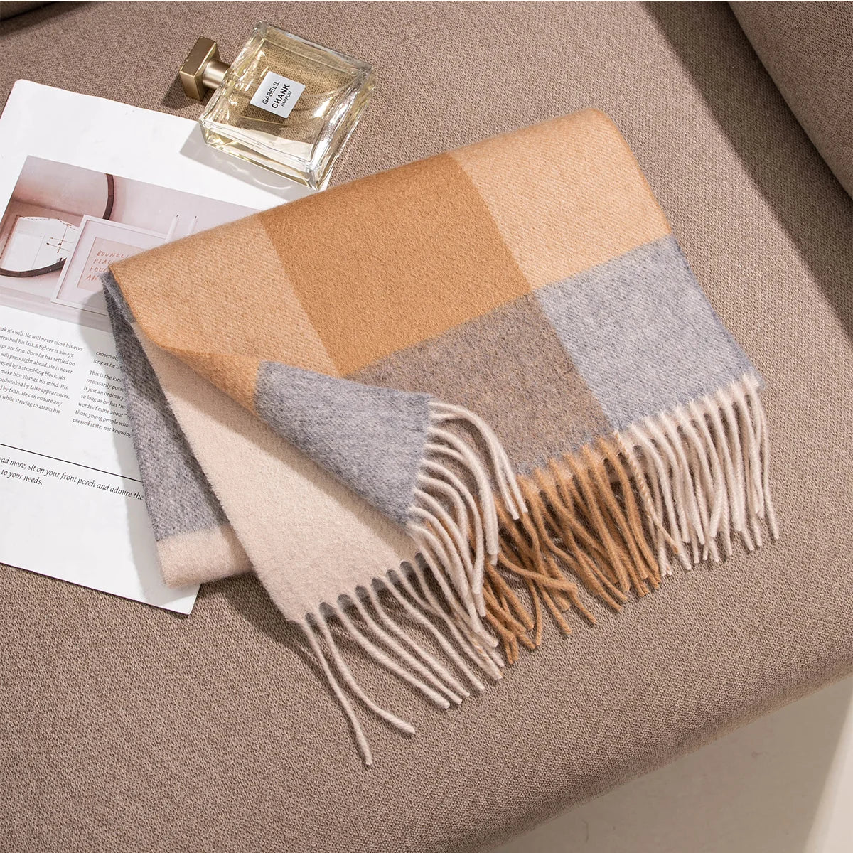 Camel Gray Check Cashmere Scarf