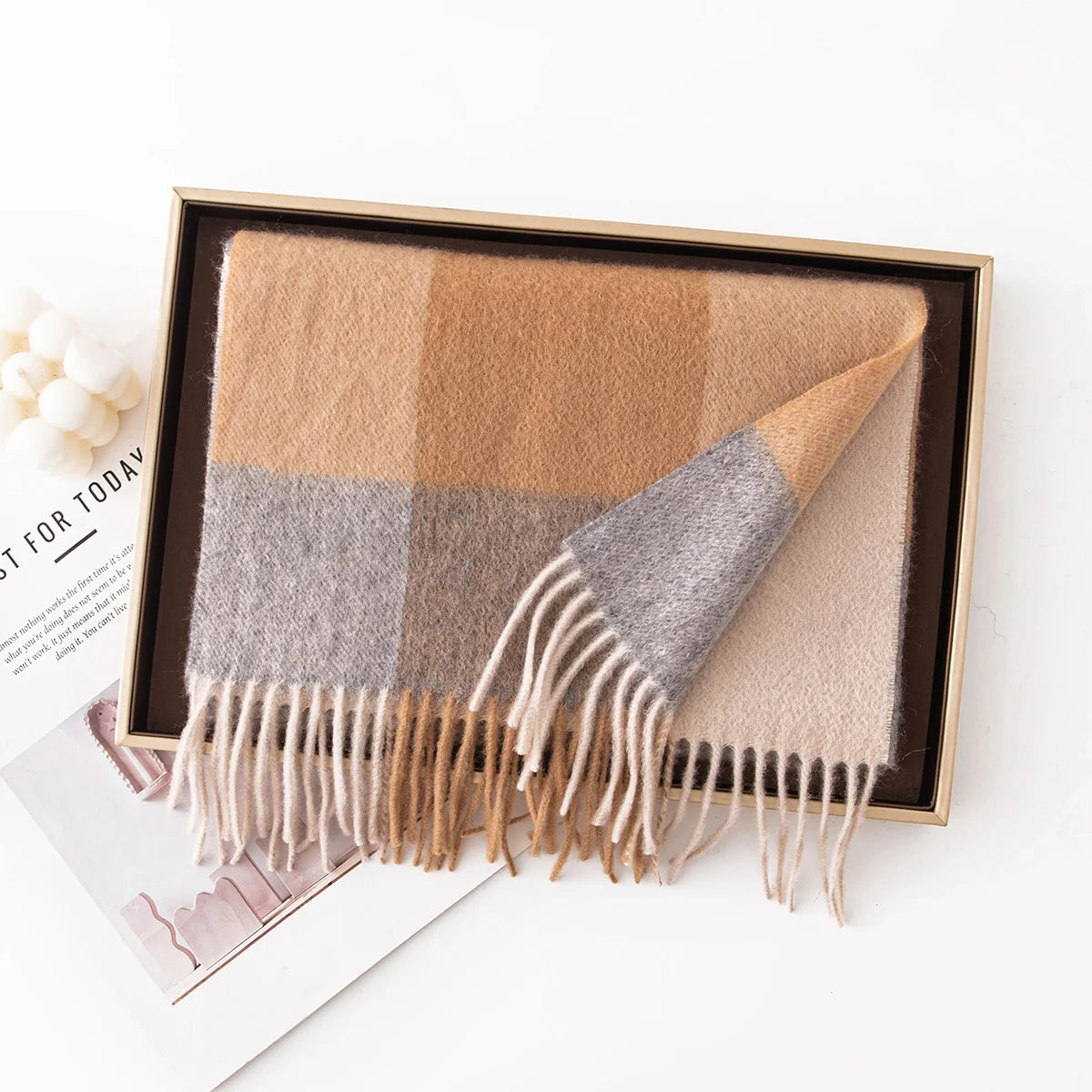 Camel Gray Check Cashmere Scarf