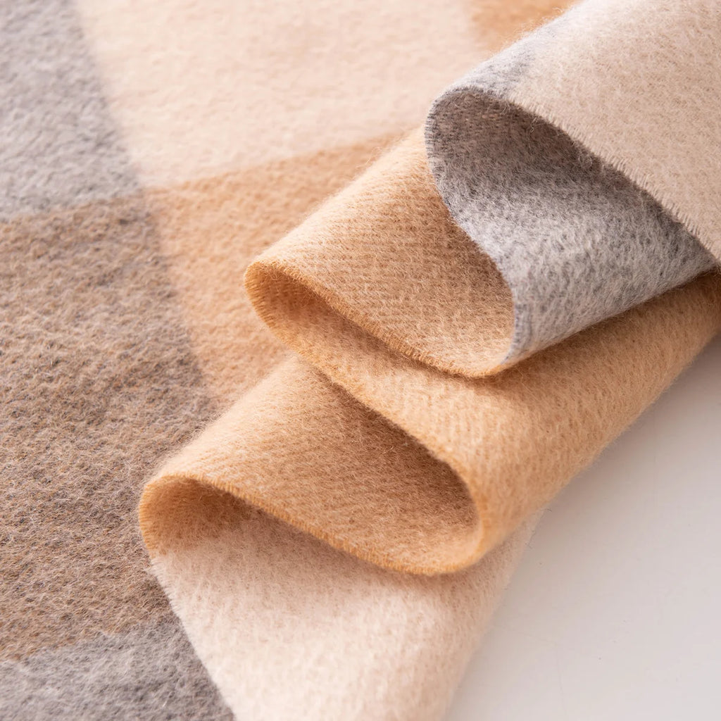 Camel Gray Check Cashmere Scarf