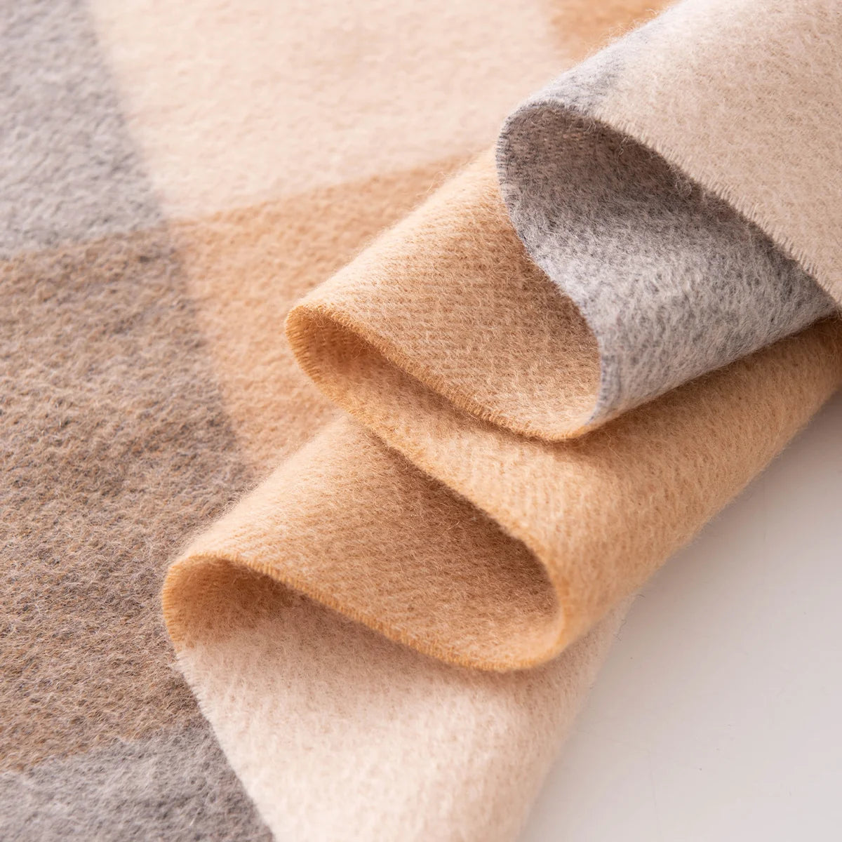 Camel Gray Check Cashmere Scarf