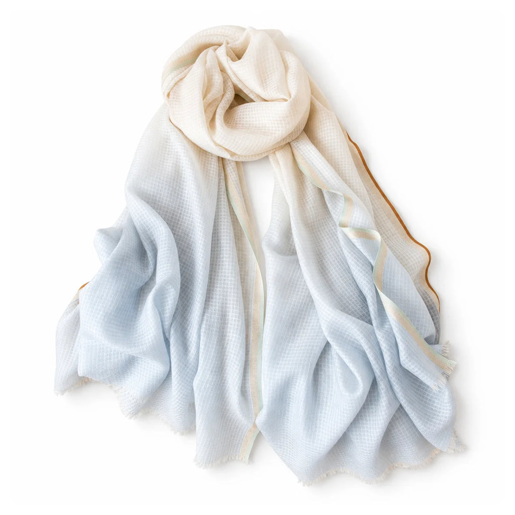 cream blue scarf draped