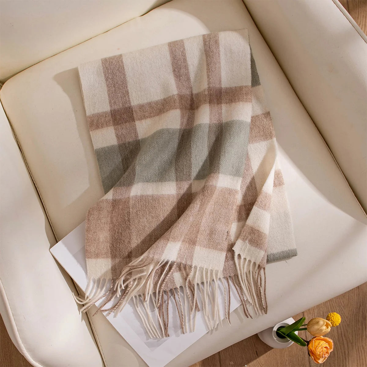 Sage Brown Plaid Wool Scarf
