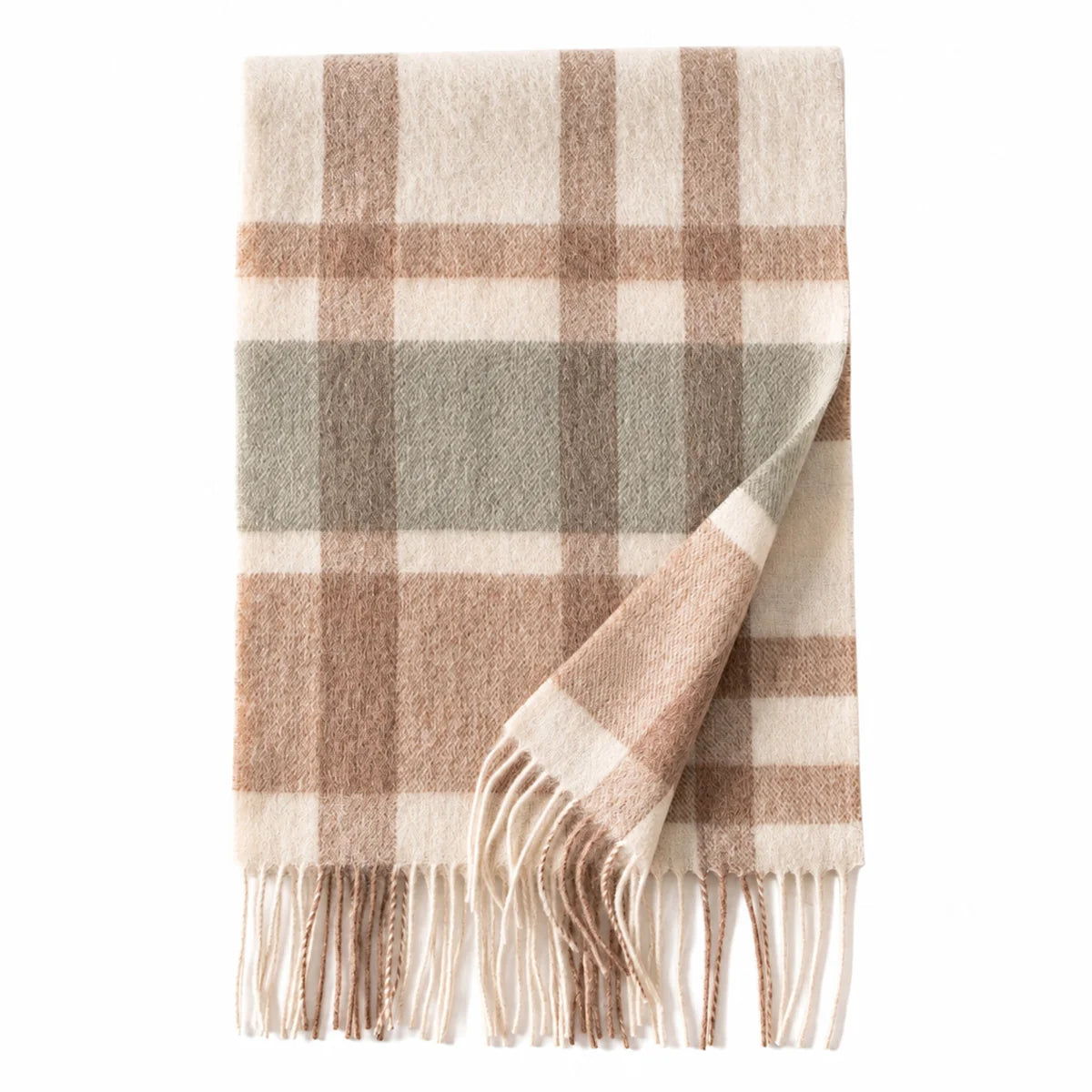 Sage Brown Plaid Wool Scarf