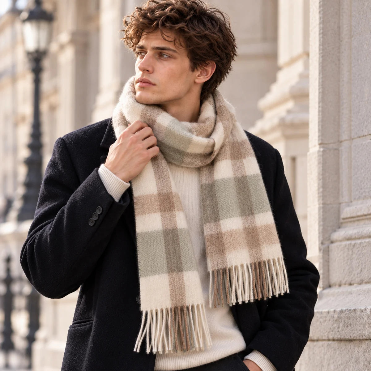 Sage Brown Plaid Wool Scarf