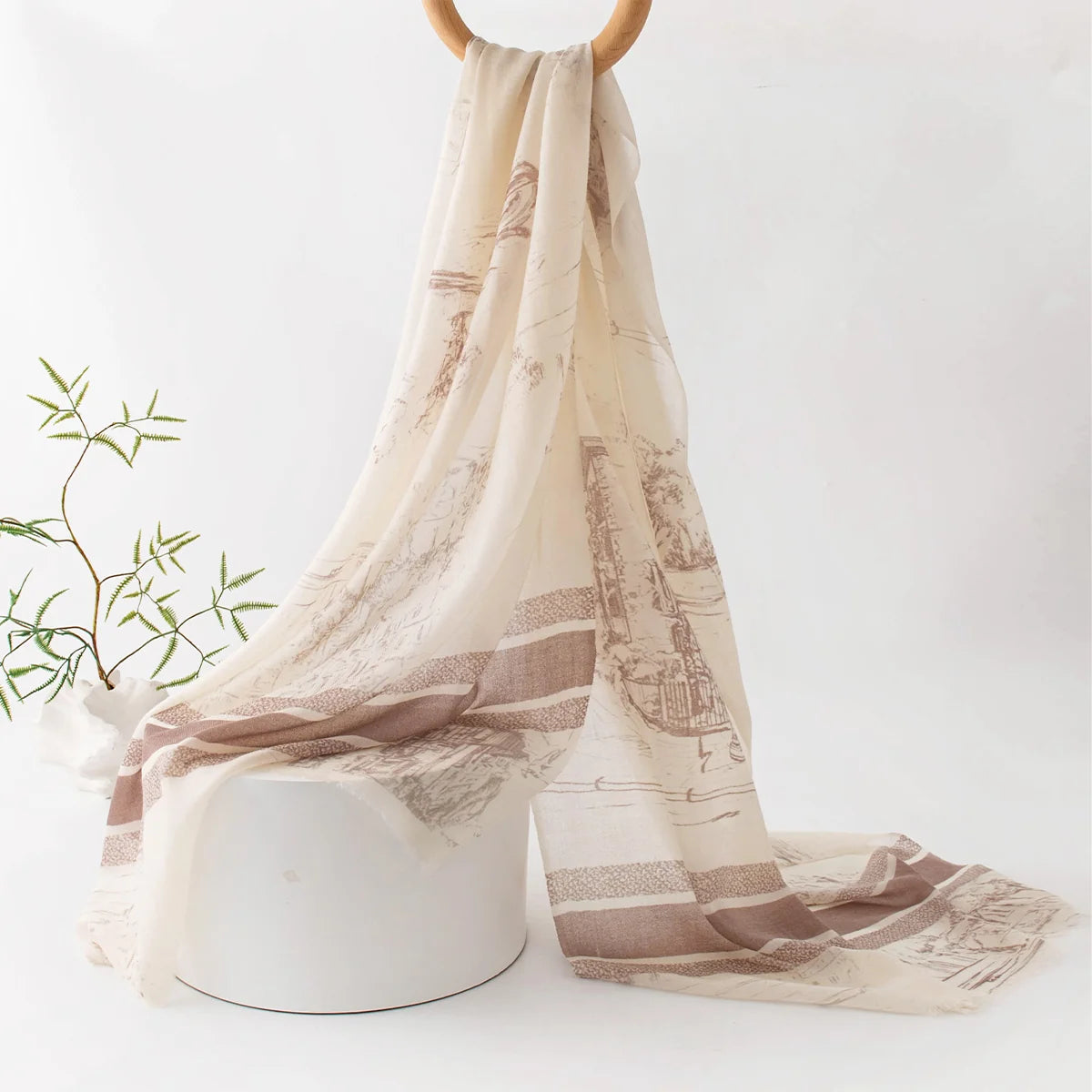 Scenic Sketch Print Cashmere Scarf