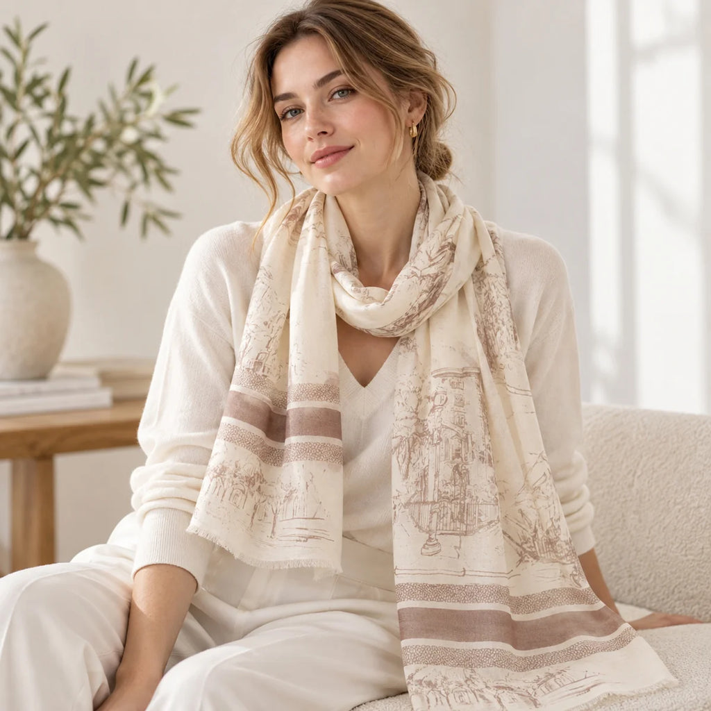 Scenic Sketch Print Cashmere Scarf