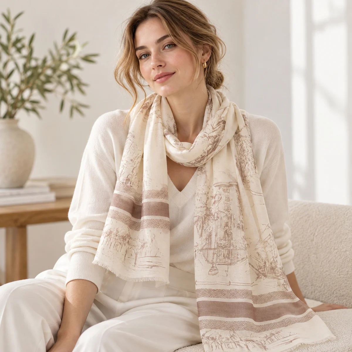 Scenic Sketch Print Cashmere Scarf